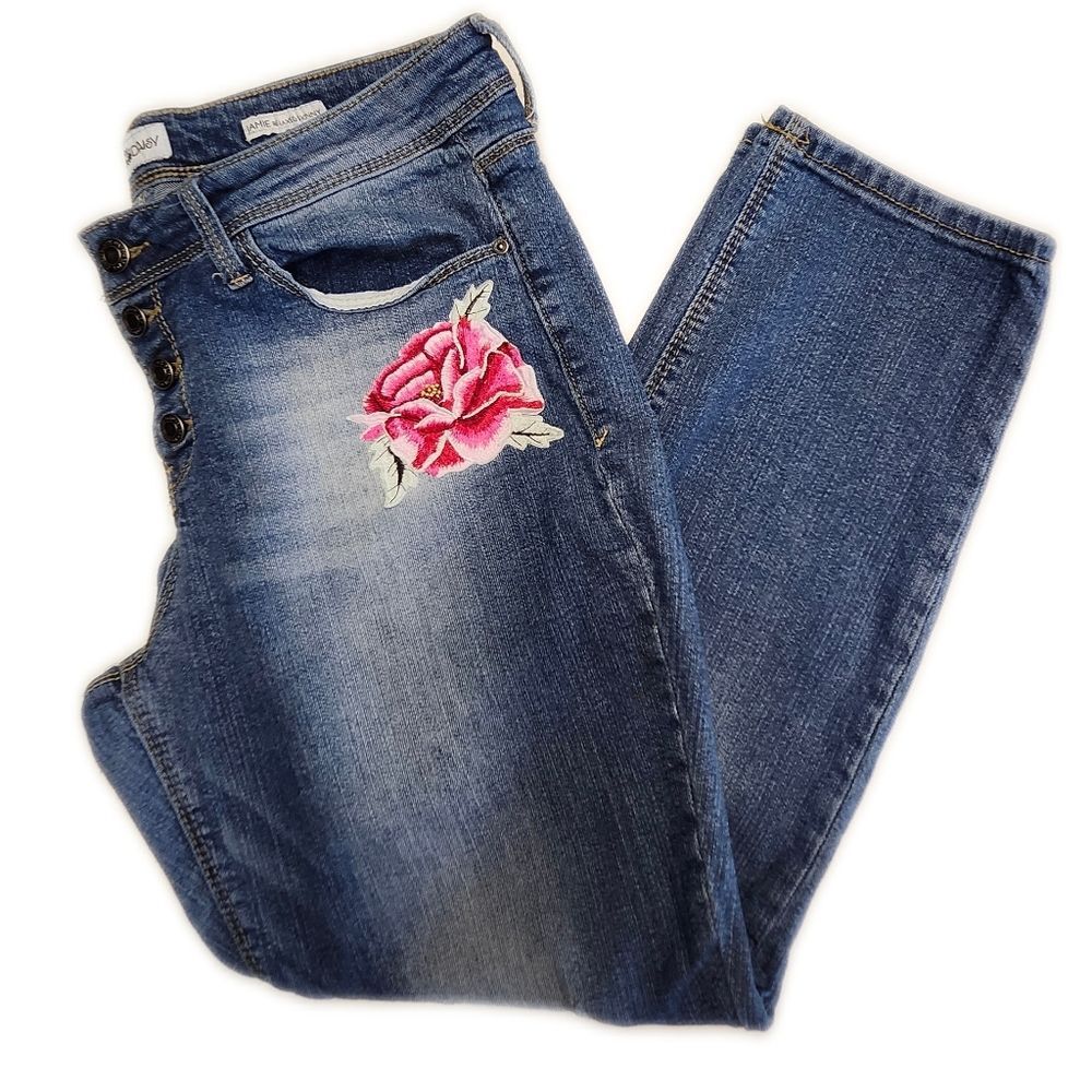 Black Daisy Button Fly Jamie Relaxed Skinny Distressed & Embroidered Jeans, 11